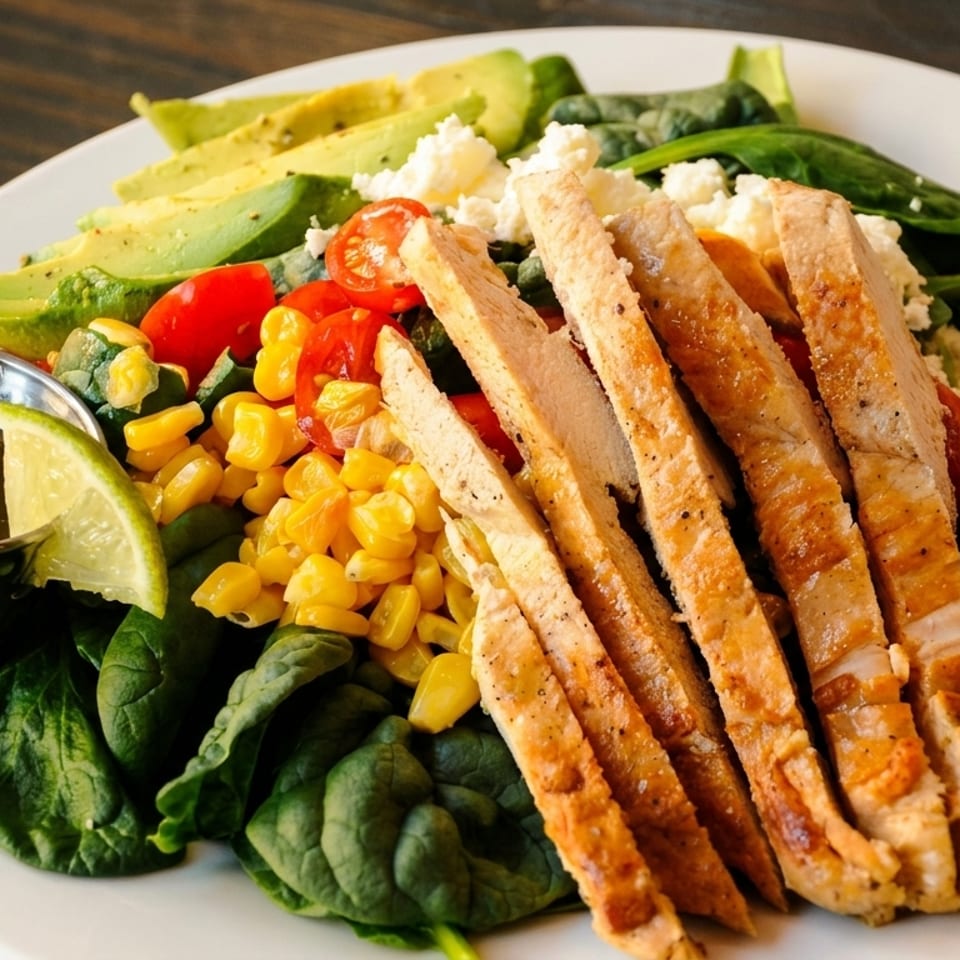 Grilled chicken salad with spinach, avocado, corn, tomatoes, feta, and a side of dressing.