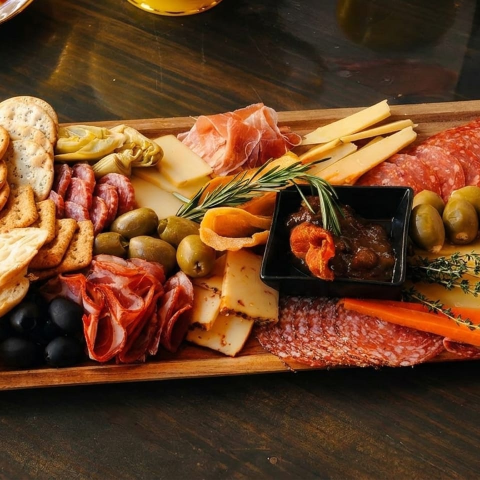 A wooden charcuterie board filled with various cheeses, meats, olives, crackers, and bread.
