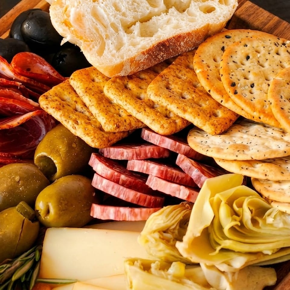 A wooden board filled with various meats, cheeses, olives, crackers, and bread.