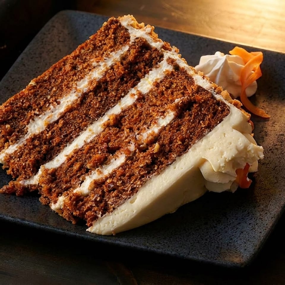 A slice of carrot cake with cream cheese frosting and a fork on a dark plate.
