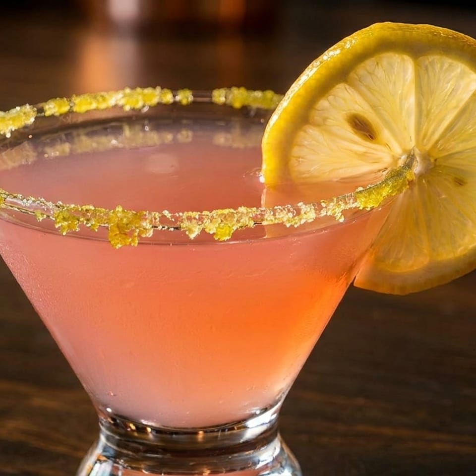 Pink cocktail in a martini glass with a sugar-rimmed edge and a lemon slice garnish.