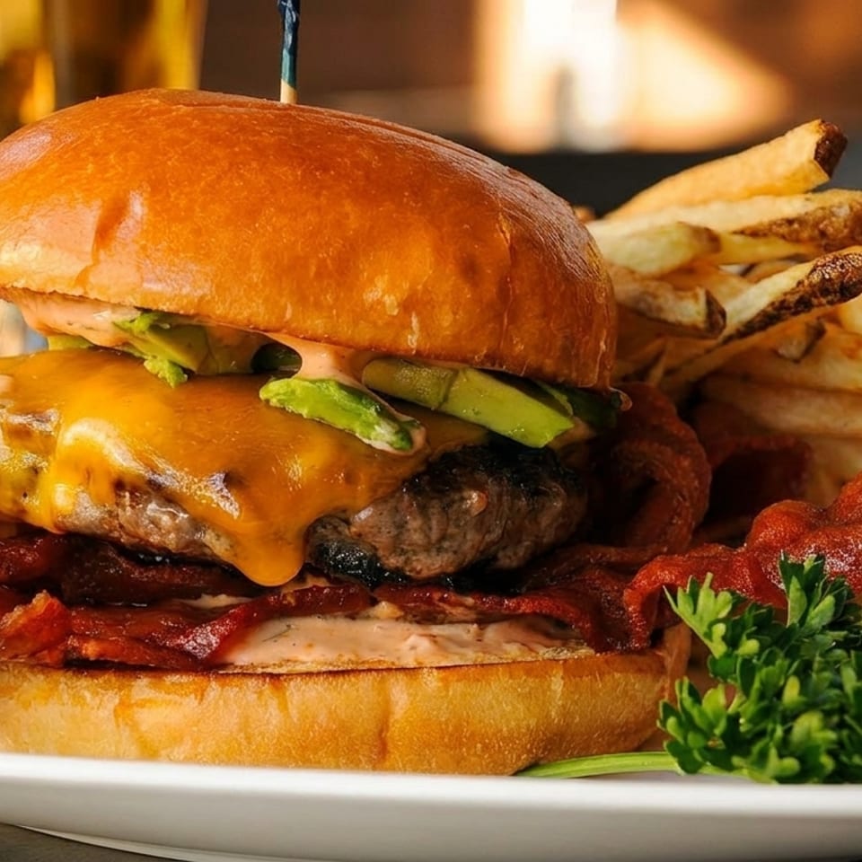 Cheeseburger with bacon, avocado, and special sauce, served with a side of french fries.