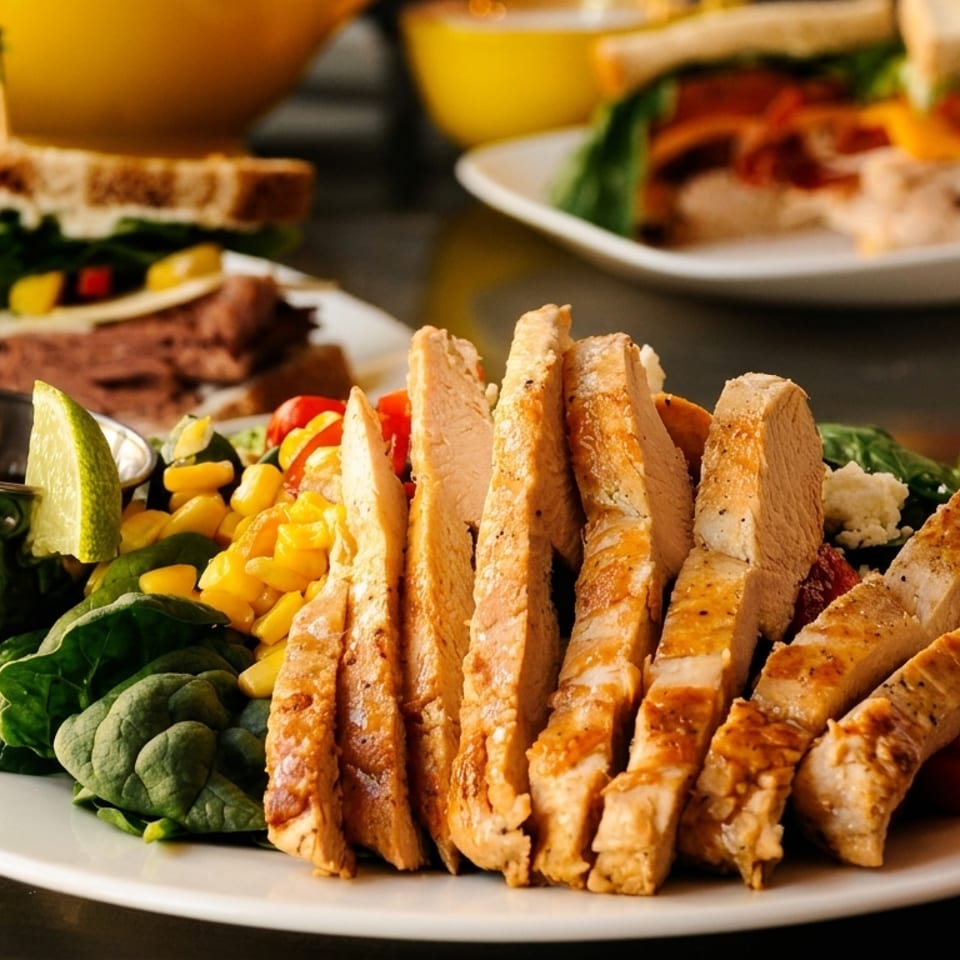 Sliced grilled chicken breast with spinach, corn, and cherry tomatoes, with sandwiches in the background.