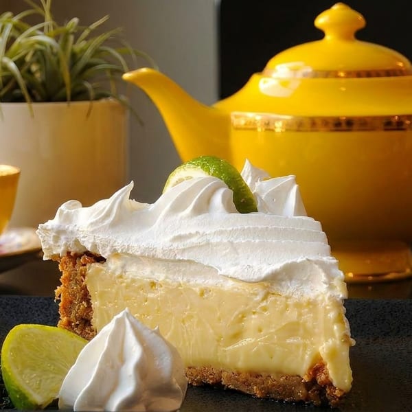Slice of key lime pie with whipped cream, lime, and thyme, next to a yellow teacup and teapot.