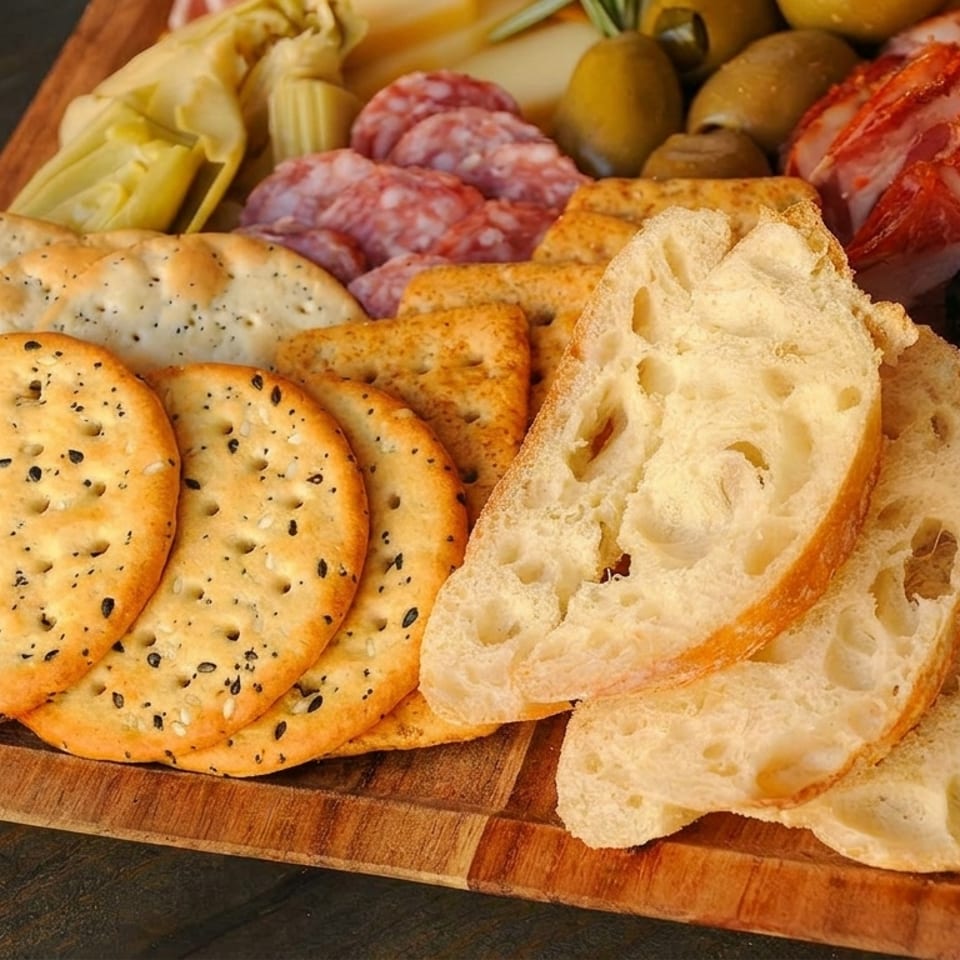 A wooden board filled with crackers, sliced bread, salami, olives, and artichoke hearts.
