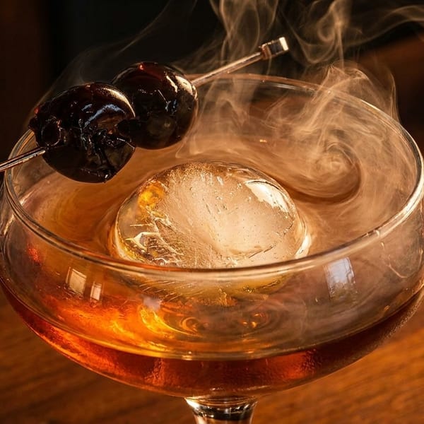Smoky cocktail with a large ice sphere and two dark cherries on a skewer.