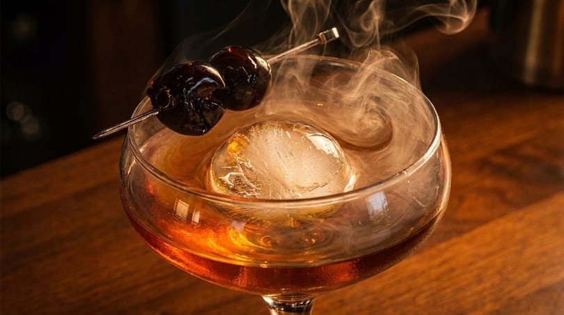 Smoky cocktail with a large ice sphere and two dark cherries on a skewer.