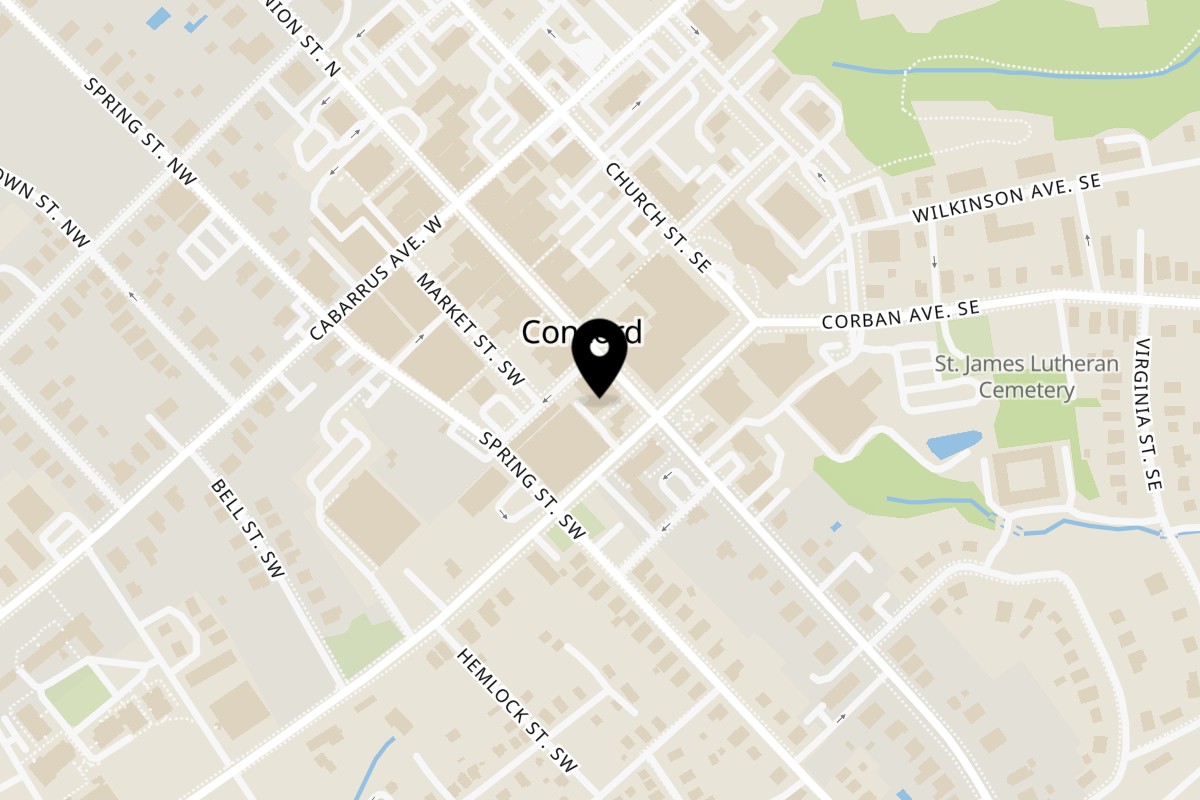 Map showing the location of 2 Gals Kitchen on 80 Union St S in Concord